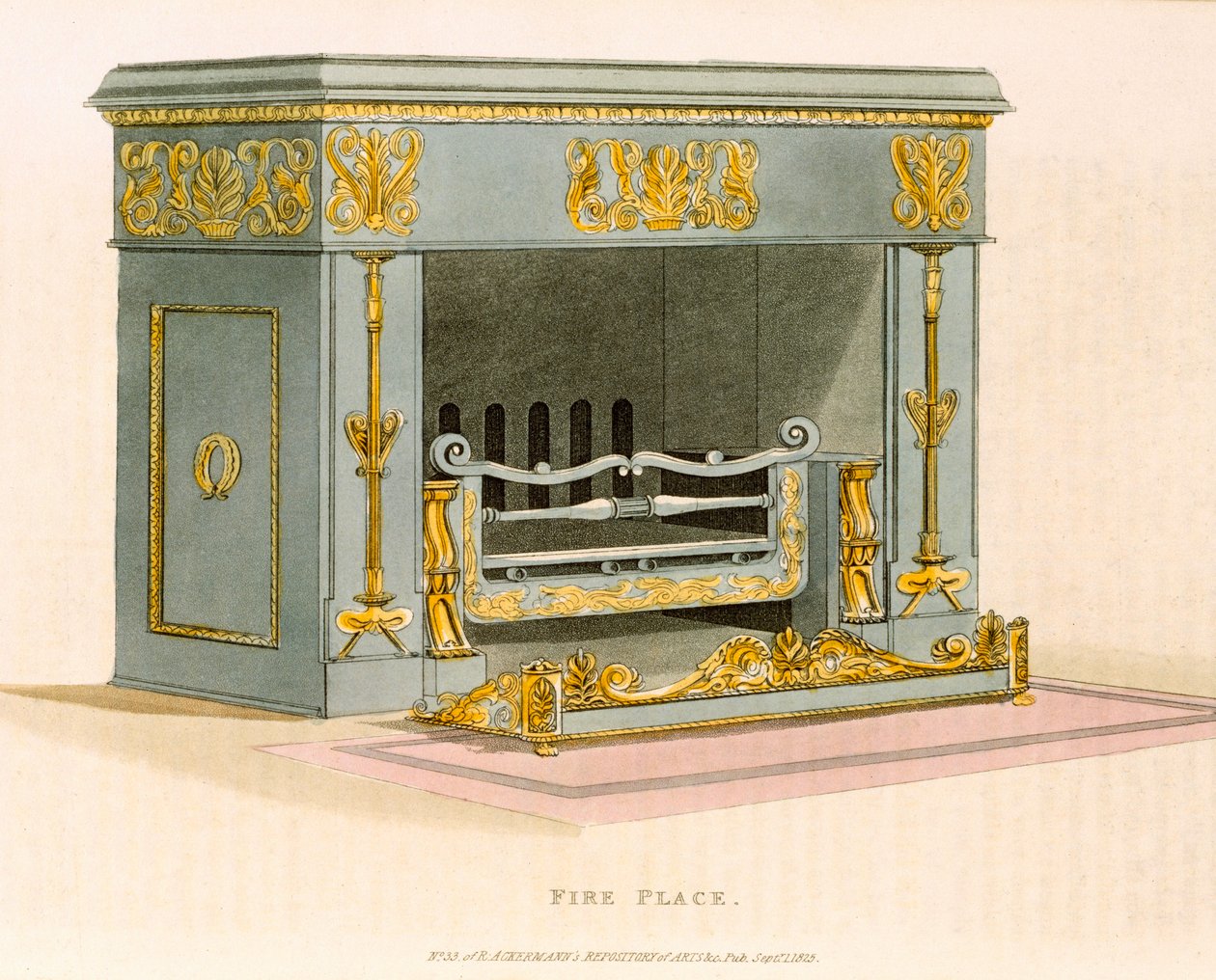 Ornamentální vzduchová kamna z Ackermanns Repository of Arts II, září 1825, rytina od English School