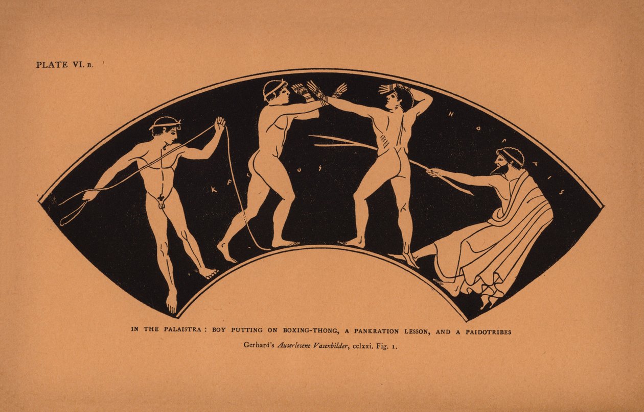 Vzdělání ve starověkém Řecku: V palaistře: Chlapec si obléká boxerský řemen, lekce pankrationu a paidotribes (litografie) od English School