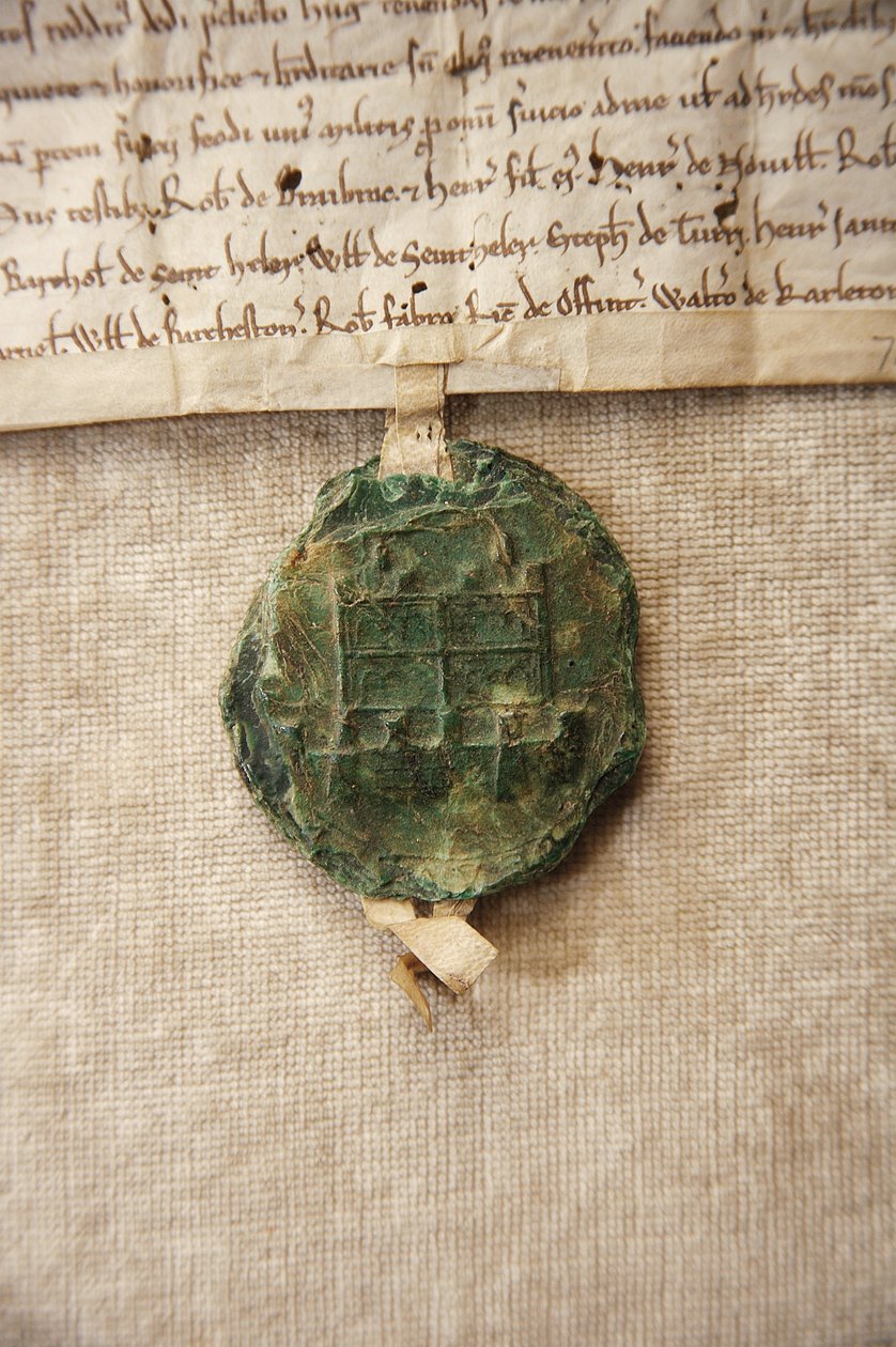 Starověká pečeť s vyobrazením původního hradu, vyrobená pro Williama de Albini IV, kolem roku 1267 (papír a vosk) od English School