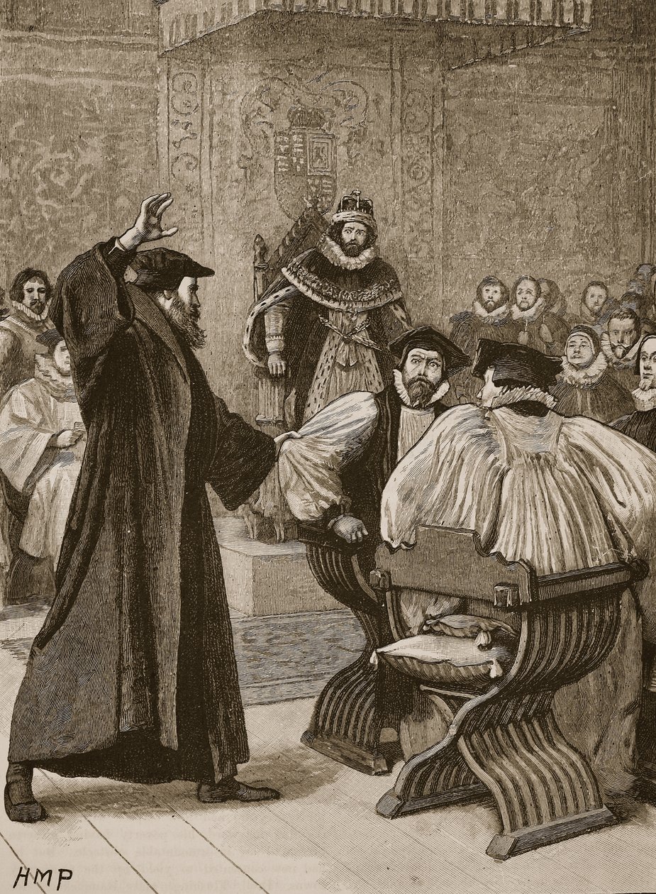 Andrew Melville před skotskou tajnou radou, ilustrace z Cassells Illustrated History of England (sépiová fotografie) od English School