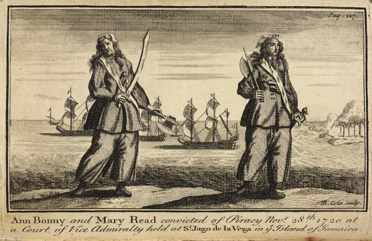 "Ann Bonny a Mary Read odsouzeny za pirátství 28. listopadu 1720 u soudu viceadmirality v St. Jago de la Vega na ostrově Jamajka" od English School
