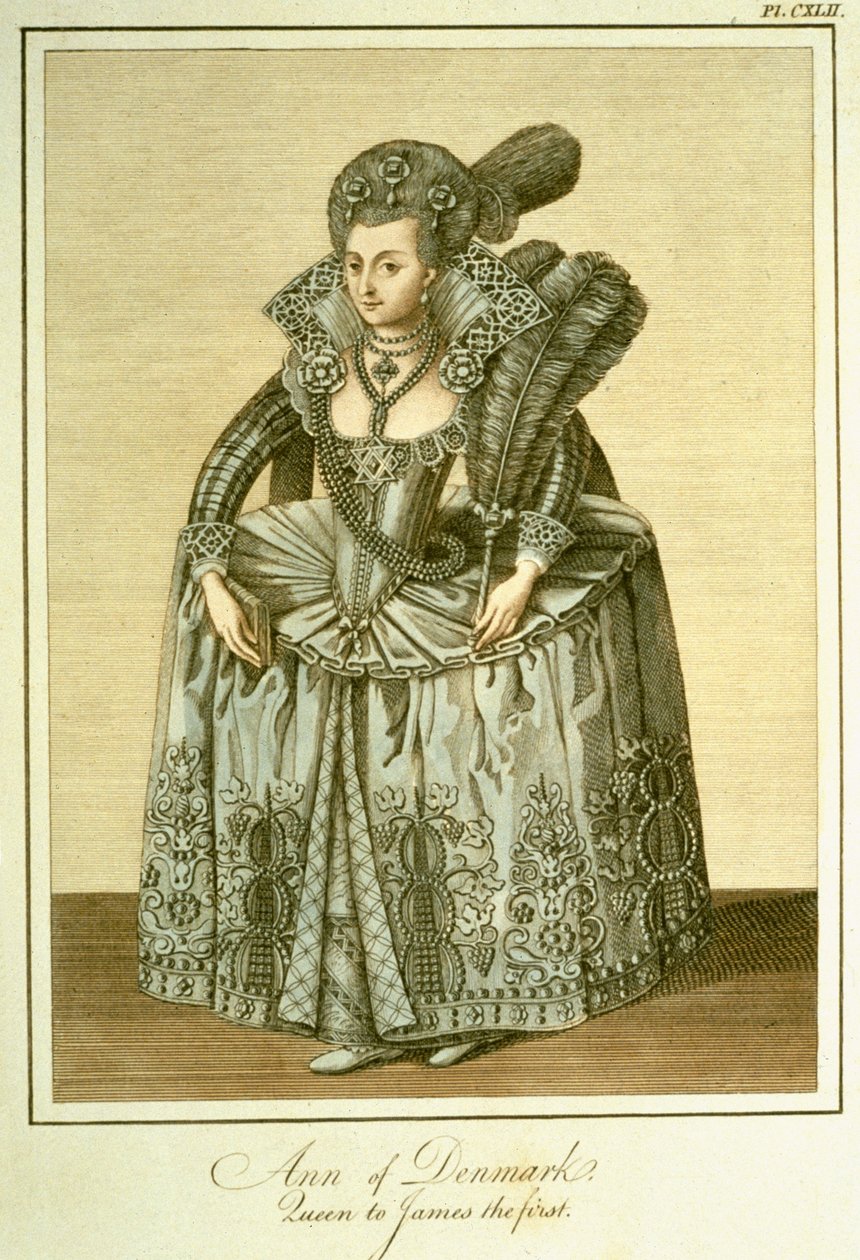 Anna Dánská (1574-1619), manželka Jakuba I., ilustrace z Úplný pohled na šaty a zvyky anglického lidu, svazek II, vydané 1799 od English School