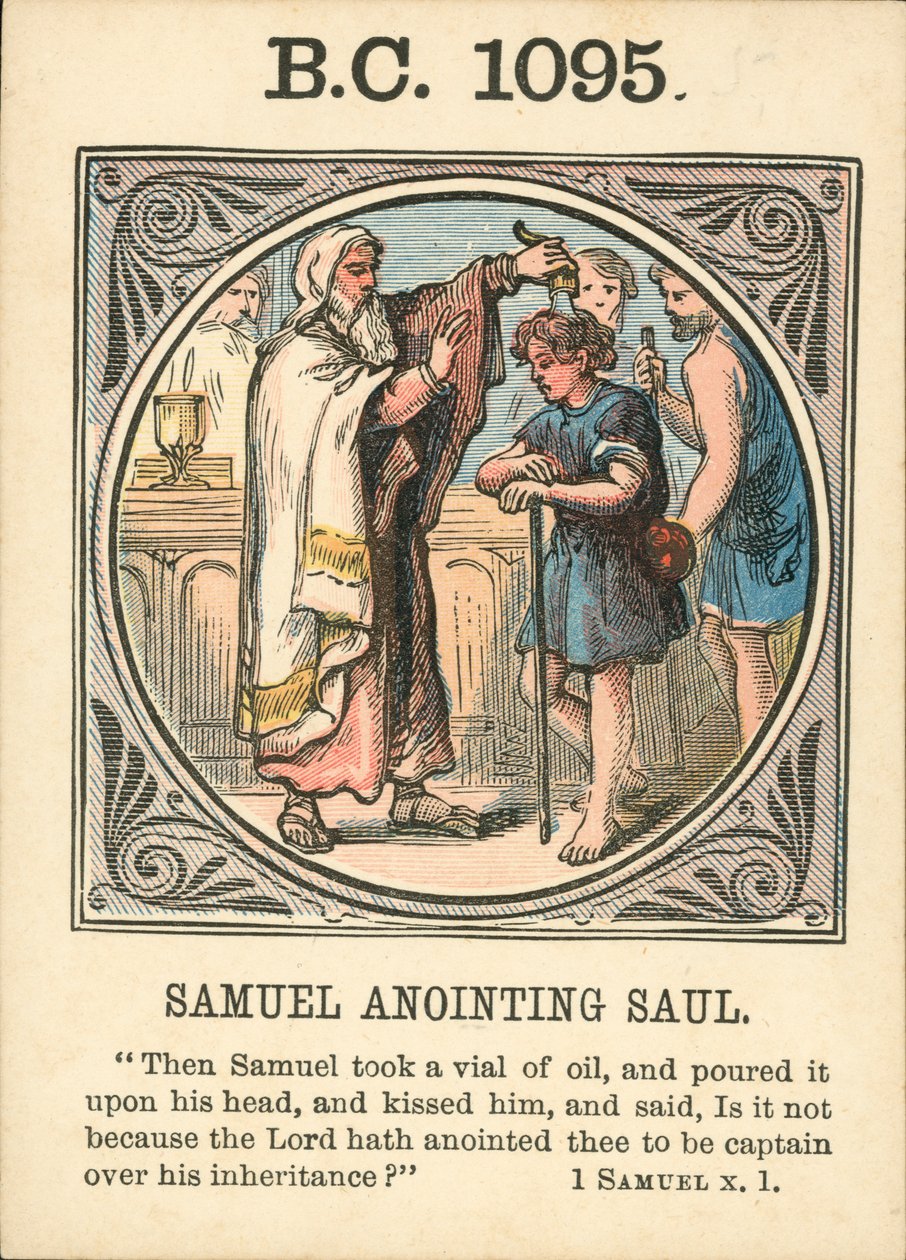Anno Mundi: Samuel pomazává Saula (barevná litografie). od English School