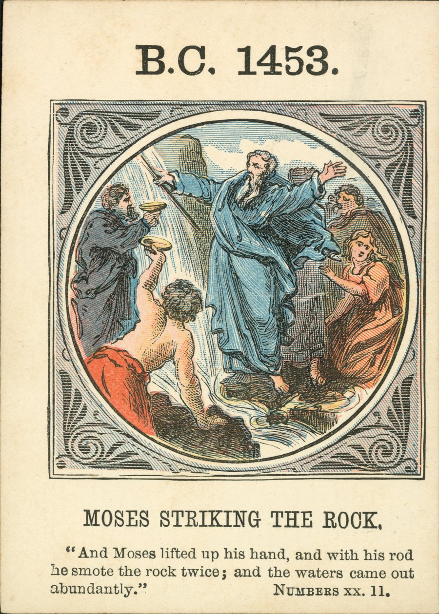 Anno Mundi: Mundi: 1453 př. n. l., Mojžíš udeřil do skály (barevná litografie) od English School