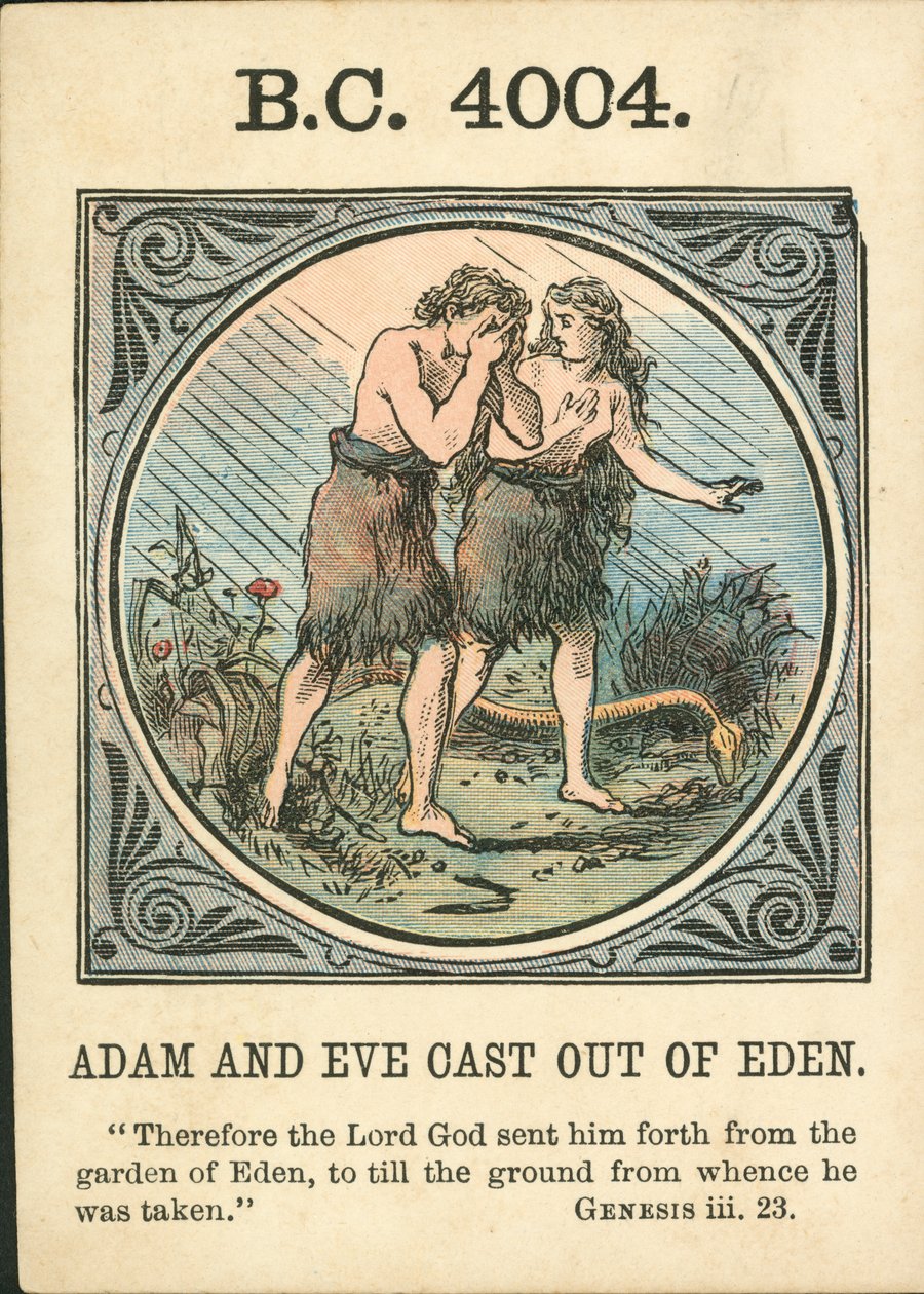 Anno Mundi: BC 4004, Adam And Eve Cast Out Of Eden (barevná litografie). od English School
