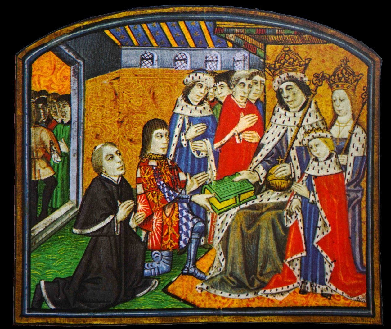 Anthony Woodville, Earl Rivers, předkládá Dictes and Saying of the Philosophers svému švagrovi Edwardu IV. od English School