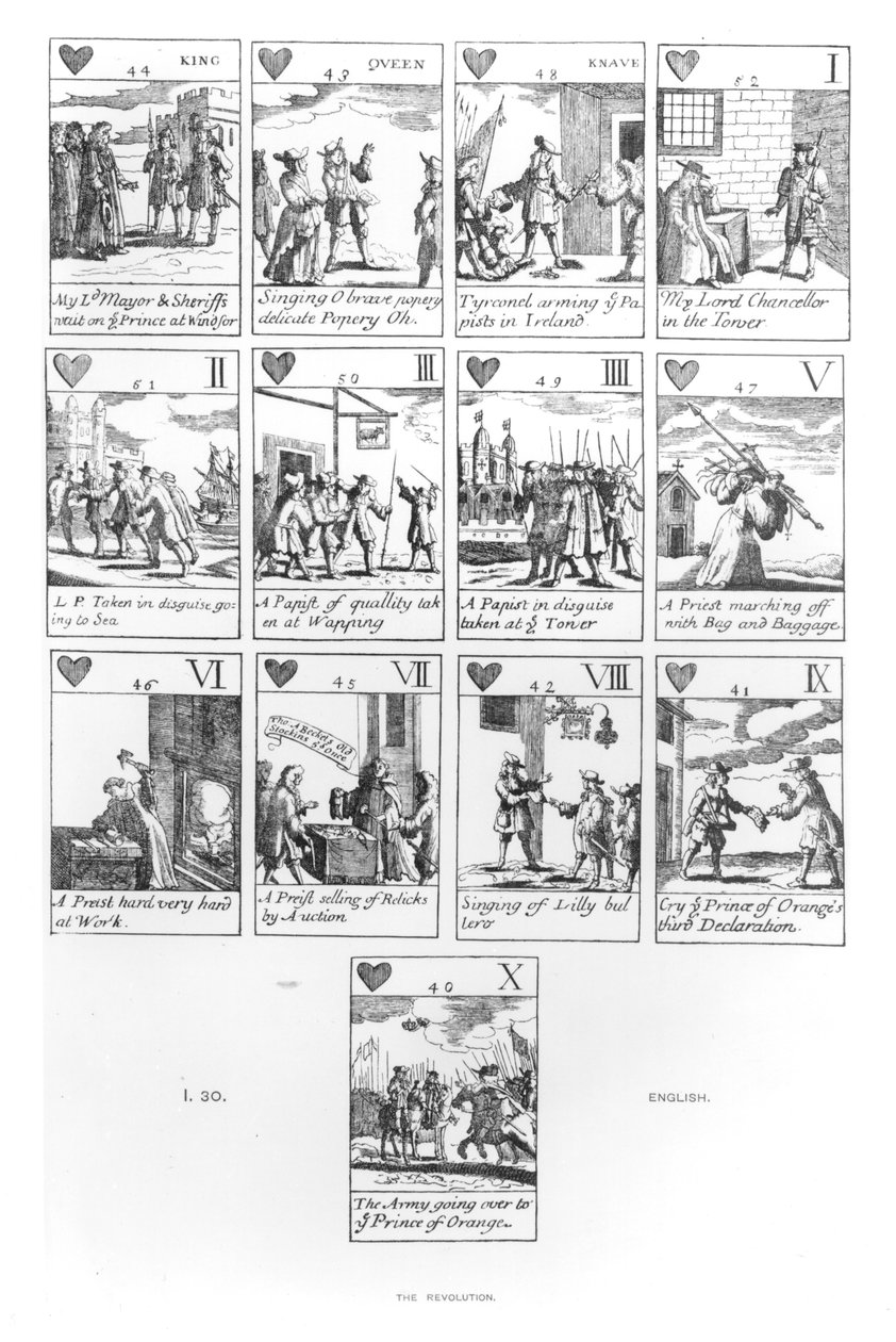 Antikatolické hrací karty připomínající Slavnou revoluci roku 1688, srdíčkový oblek od English School