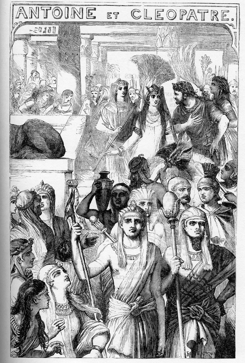 Antoine et Clopatre (Antony a Kleopatra) – Ilustrace v „“Dokončuje William Shakespeare“““ 1866 – Ilustrace a obecná forma tohoto vydání jsou vypůjčeny z Cassellova ilustrovaného Shakespeara, vydaného v Londýně od English School