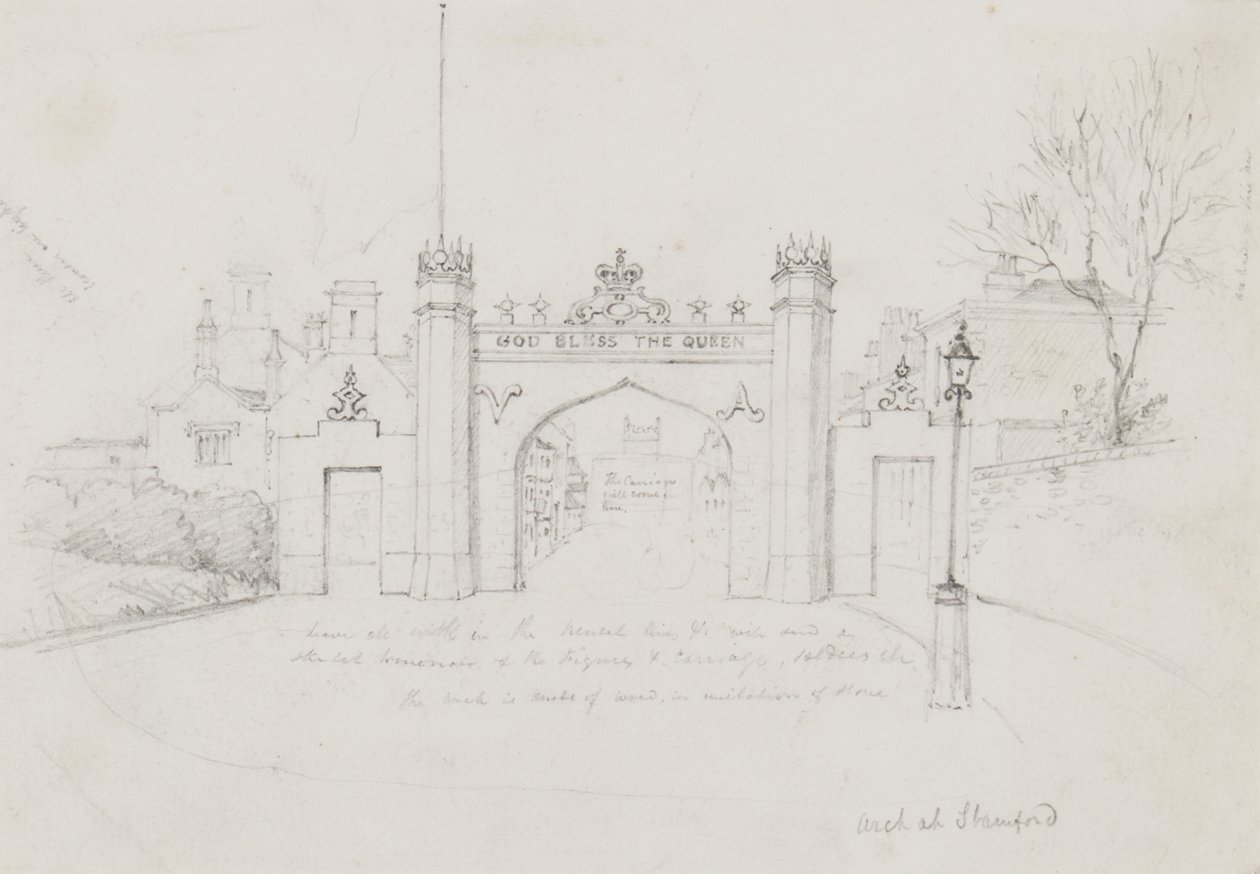 Arch ve Stamfordu, postavený na přivítání královny Viktorie a prince Alberta na cestě do Burghley House (tužka na papíře) od English School