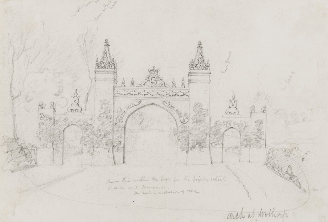 Arch ve Wothorp, Cambridgeshire, postavený přivítat královnu Viktorii a prince Alberta na cestě do Burghley House od English School