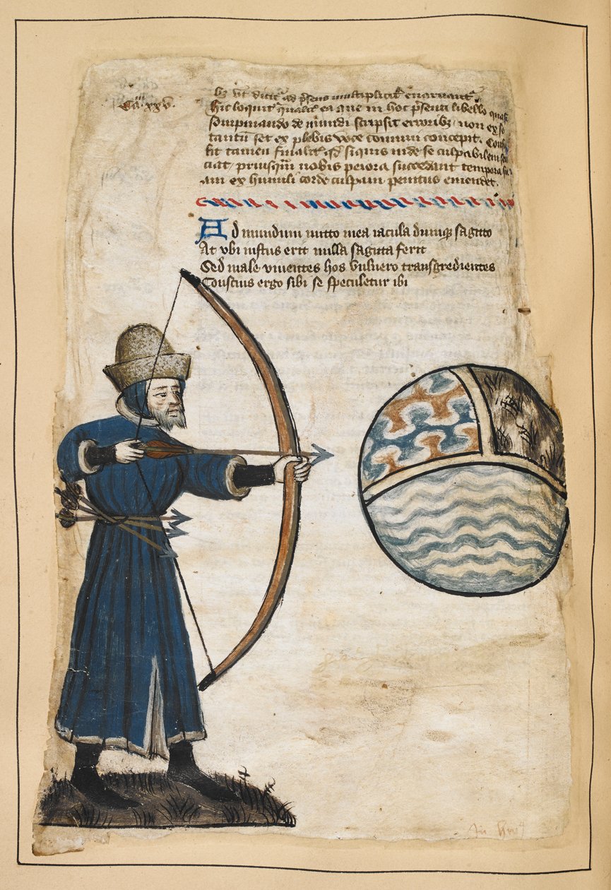 Archer (John Gower?) střílí šípy do světa, aby zasáhl bezbožné, ilustrace z „Vox Clamantis“, od Johna Gowera, kolem roku 1408 (vellum) od English School