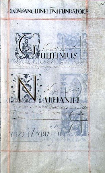 Archiv 3693 f.46 Strana se seznamem tří mecenášů z New College v Oxfordu: Gulielmus, Nathaniel, z knihy Benefaction Book od English School
