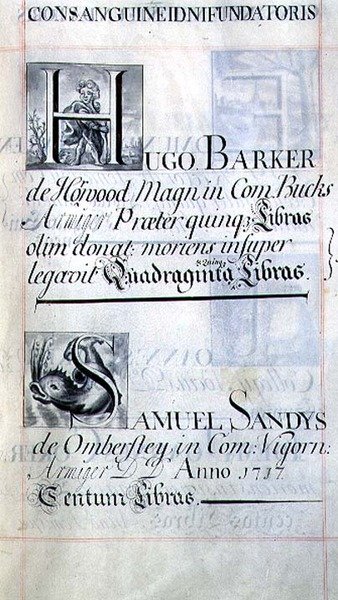 Archiv 3693 f.48 Strana se seznamem dvou dobrodinců z New College, Oxford; Hugo Barker a Samuel Sandys, z knihy Benefaction od English School