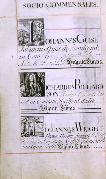 Archiv 3693 f.60v Stránka se seznamem tří dobrodinců z New College v Oxfordu; Johannes Guise, Richardus Richardson a Johannes Wright, z knihy Benefaction, 16812-84 (pero a inkoust) od English School