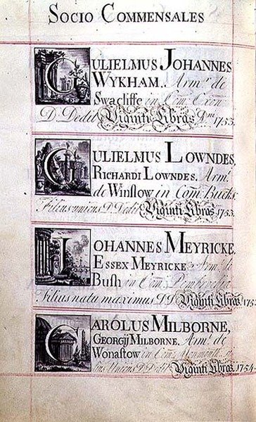Archiv 3693 f.94v Stránka se seznamem čtyř mecenášů z New College v Oxfordu; Gulielmus Johannes Wykham, Gulielmus Lowndes, Johannes Meyricke a Carolus Milborne od English School