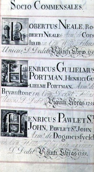 Archiv 3693 f.95 Strana se seznamem tří dobrodinců z New College, Oxford; Robertus Neale, Henricus Gulislmus Portman a Henricus Pawlet St. John od English School
