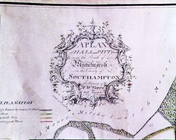 Archiv 5629 Popisná kartuše z mapy „Plán Hallových a Pittových farem ve farnosti Mitchelmarsh v hrabství Southampton, majetek pana W. Goffea, Richard Randall, Land Surveyor“ od English School