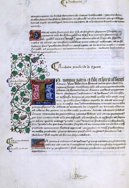Archiv 9432 f.15v Strana textu s iluminovanou iniciálou, ze Základní knihy Roberta Sherborna nebo Shirburna (asi 1450-1536) Biskup z Chichesteru (vellum) od English School
