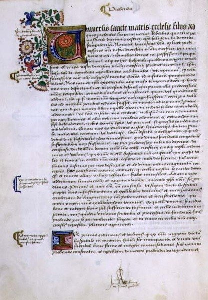 Archiv 9432 f.17v Strana textu s iluminovanou iniciálou, ze Základní knihy Roberta Sherborna nebo Shirburna (asi 1450-1536) Biskup z Chichesteru (vellum) od English School