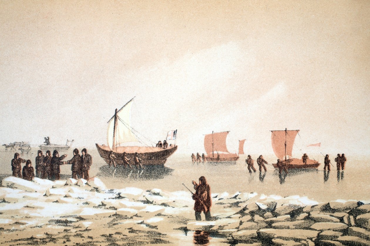 Arctic Travelling, ilustrace z Voyage to Baffins Bay a Barrow Straits..., 1852 (ručně kolorovaná rytina) od English School