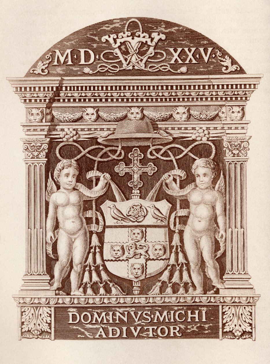 Zbraně kardinála Wolseyho v terakotě v paláci Hampton Court, z Historie paláce Hampton Court v Tudor Times od Ernesta Lawa, vydáno v Londýně 1885 od English School