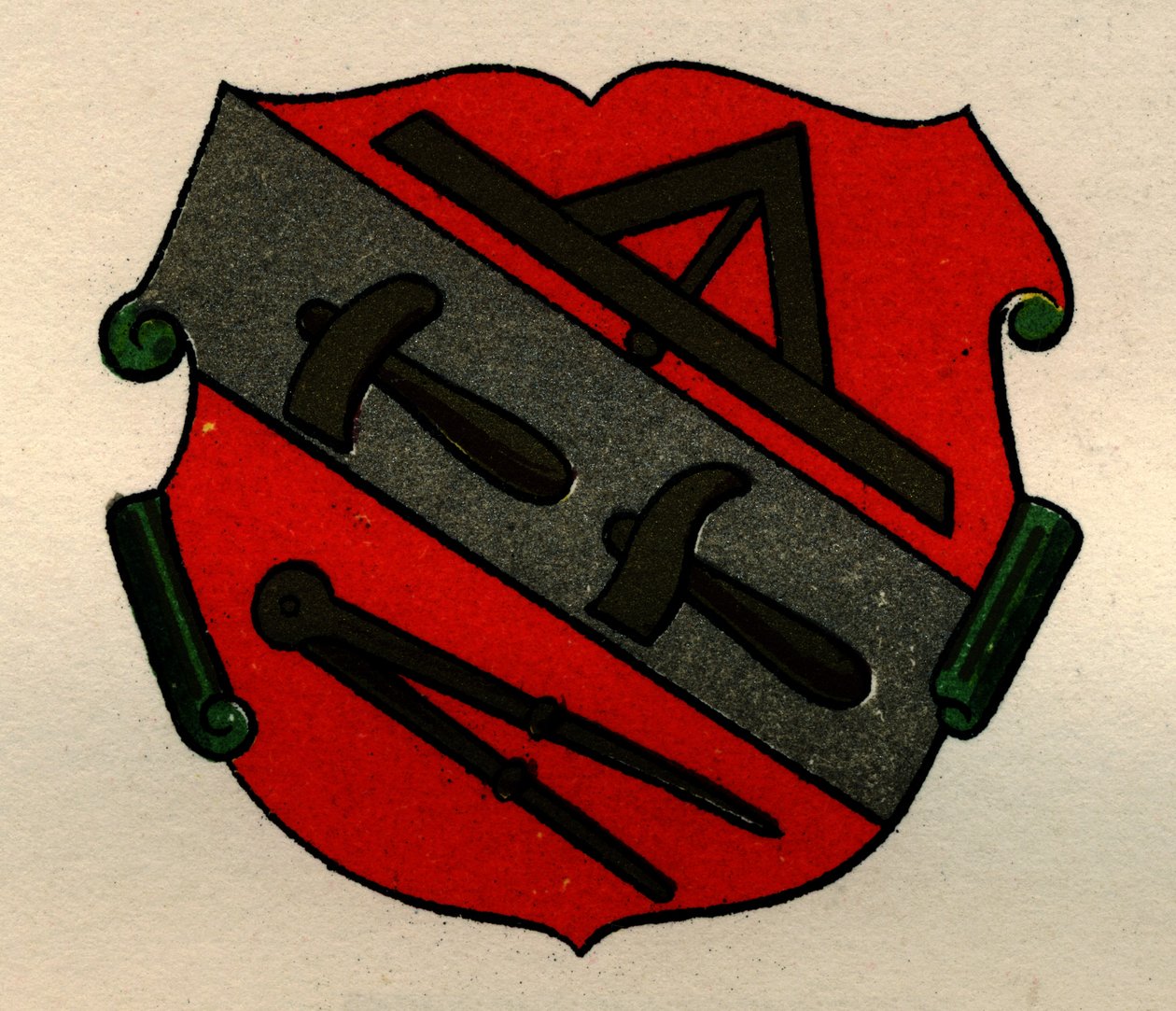 Arms of the Stone Masons of Strasburg, od The History of Freemasonry, svazek II, publikoval Thomas C. Jack, Londýn, 1883 od English School