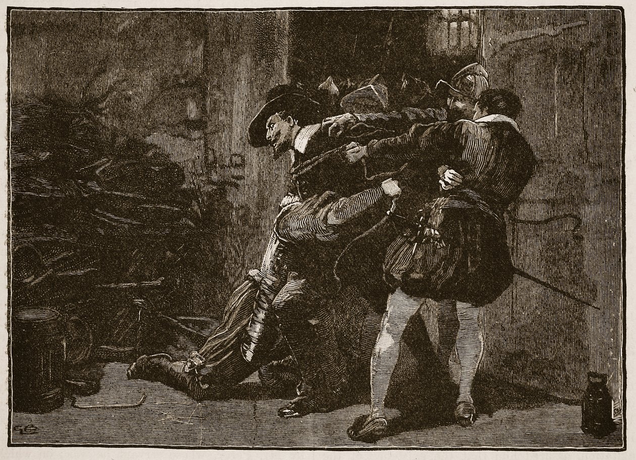 Zatčení Guye Fawkese, ilustrace z Cassells Illustrated History of England (sépiová fotografie) od English School