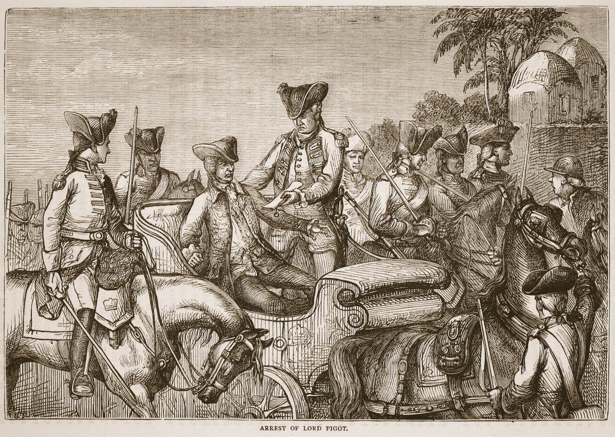 Zatčení Lorda Pigota, ilustrace z Cassells Illustrated History of India od Jamese Granta, pub. 1879 od English School