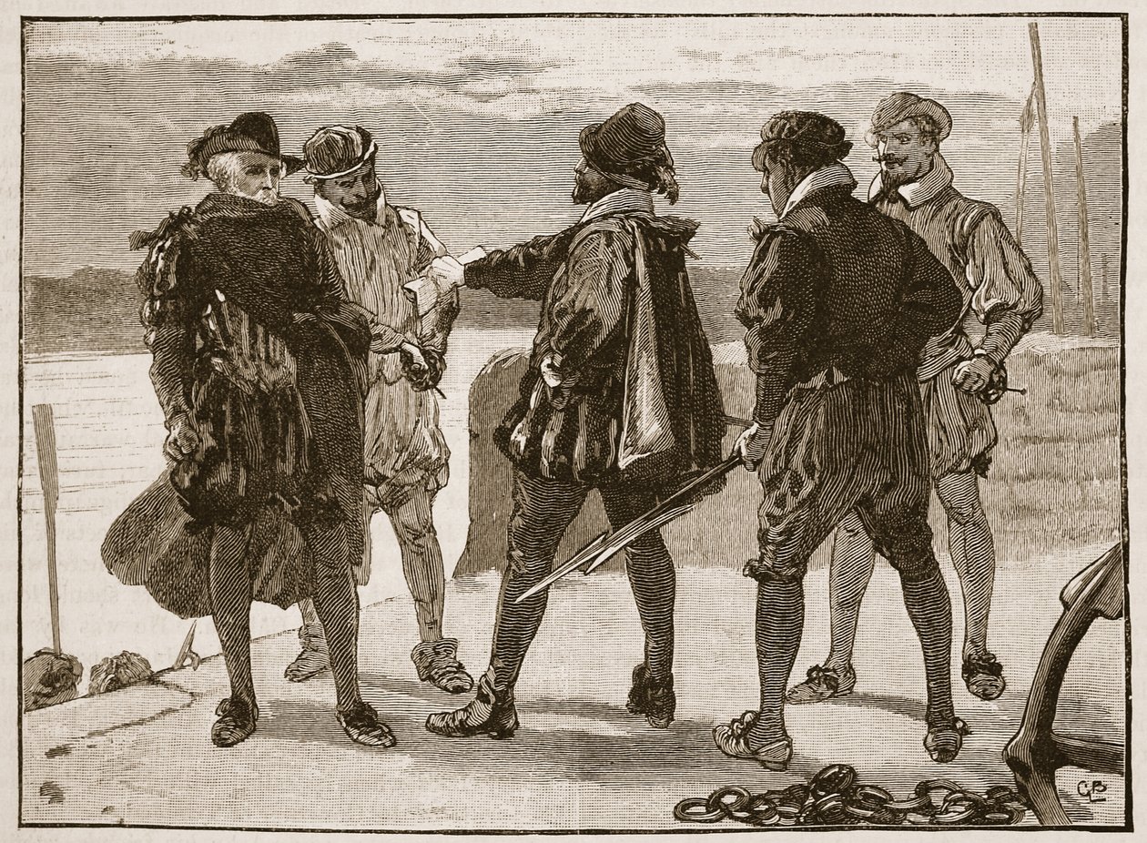 Zatčení sira Waltera Raleigha, ilustrace z Cassells Illustrated History of England (sépiová fotografie) od English School