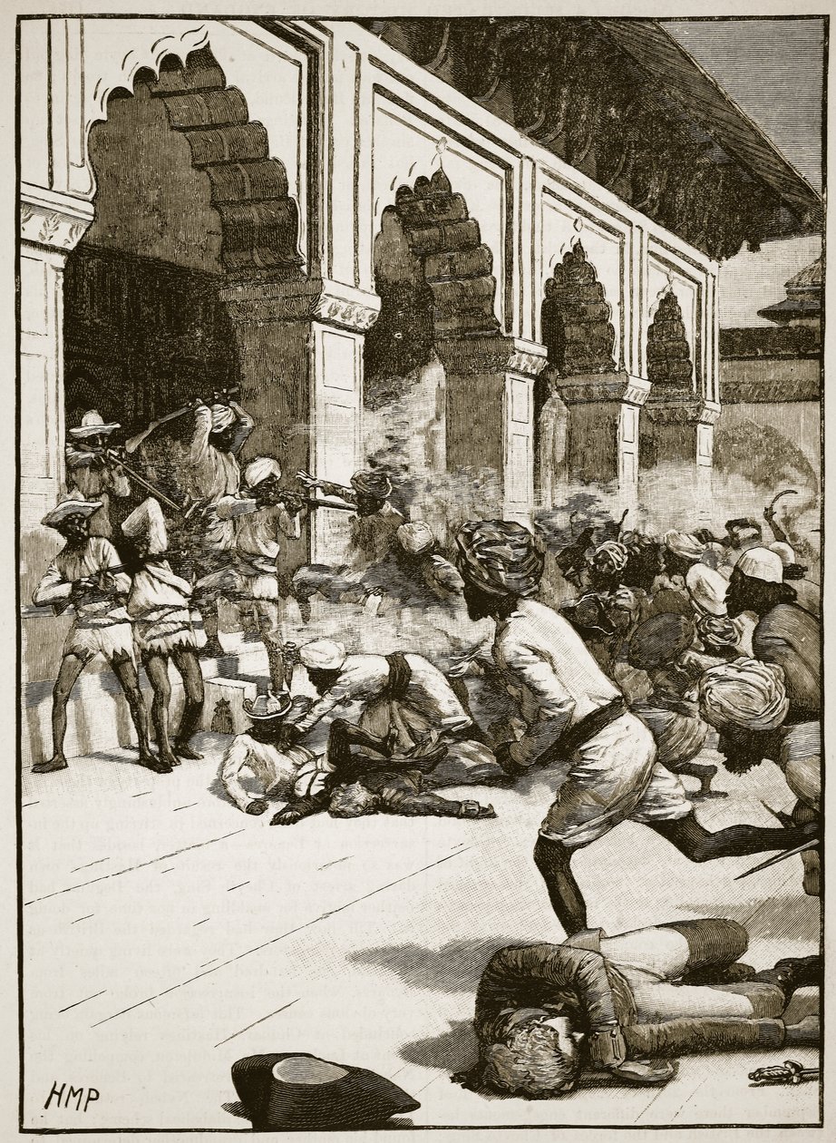 Zatčení rádži z Benáresu, ilustrace z Cassells Illustrated History of England (sépiová fotografie) od English School