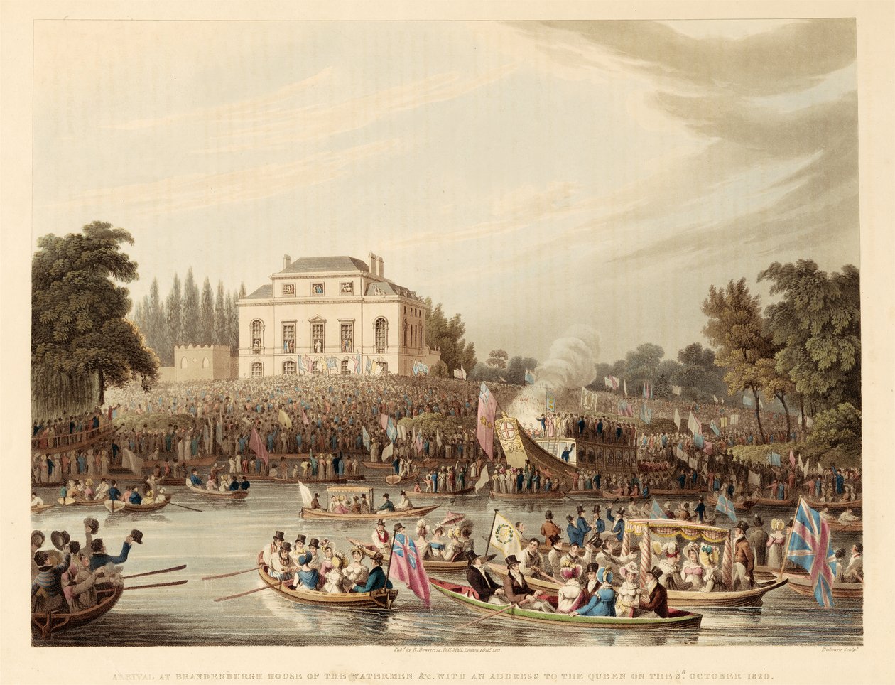 Příjezd do Braniborského domu vodníků aj. s proslovem ke královně 3. října 1820, hospoda. 1821 (barevná rytina) od English School