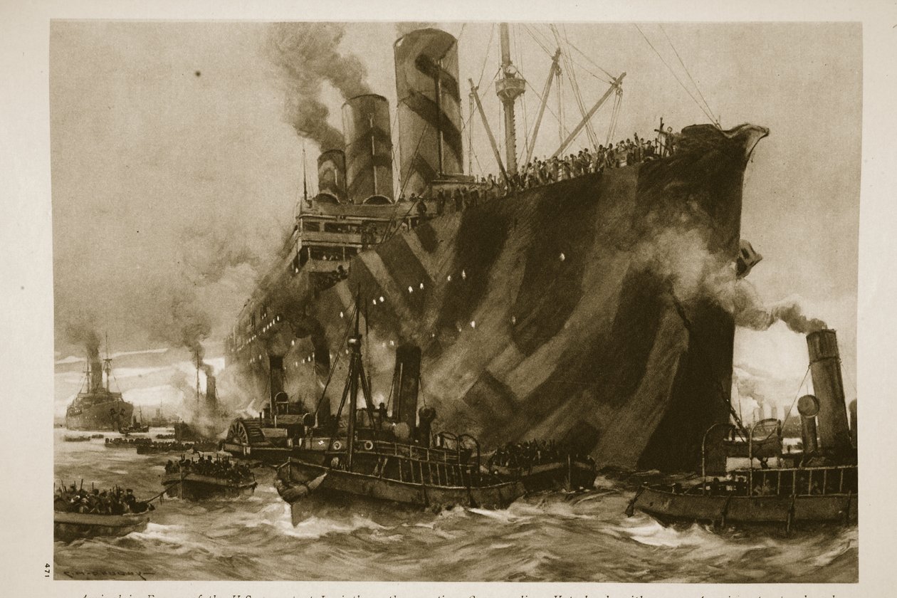 Příjezd americké dopravní lodi Leviathan, někdejšího německého parníku Vaterland, s 12 000 americkými vojáky na palubě, do Francie, 1914-19 od English School