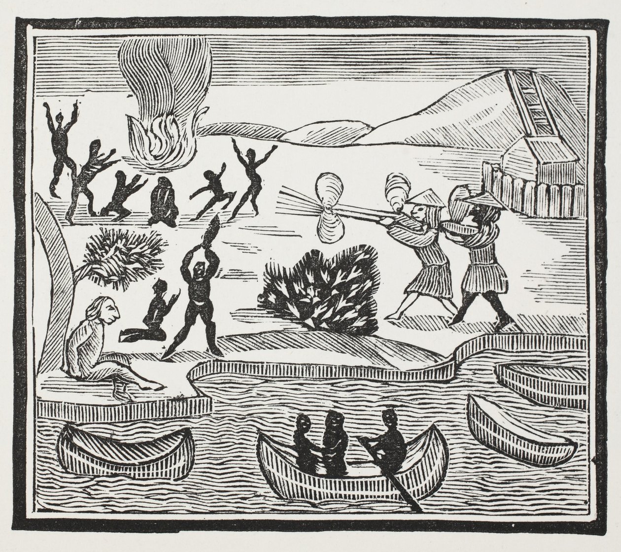 Arrival of Savages with Christian Prisoner, ilustrace z Chap-books of the Eighteenth Century od Johna Ashtona, hospoda. 1882 od English School