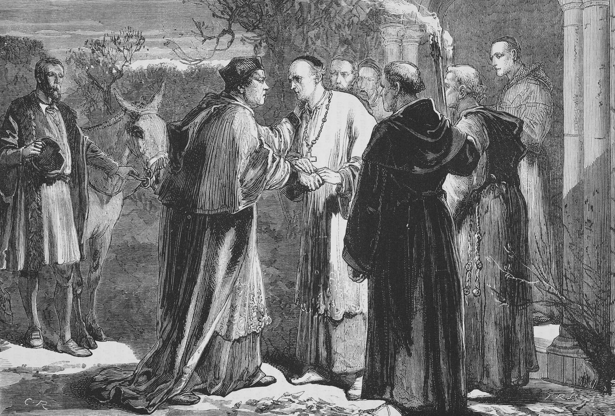 Příjezd Wolsey do opatství v Leicesteru, ilustrace z Historie protestantismu od Jamese Aitkena Wylie (1808-1890), hospoda. 1878 od English School