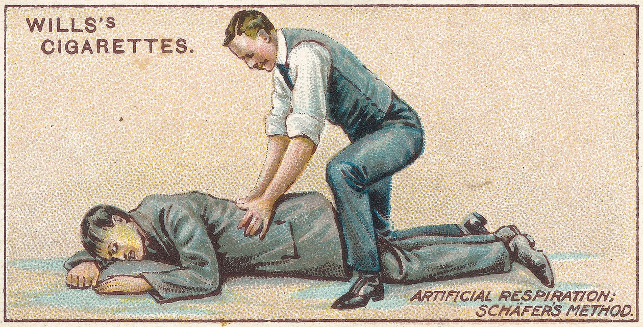 Umělé dýchání, Schafersova metoda, č. 25 ze série karet Willss Cigarettes First Aid, 1913 od English School