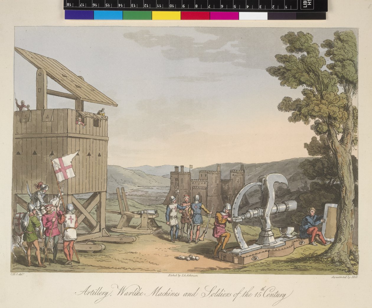 Dělostřelectvo, obléhací stroje a vojáci 15. století, ilustrace z „Kostýmu původních obyvatel Britských ostrovů od nejstarších období do 6. století...“ od Sira Samuela Rushe Meyricka a C.H. Smith, publikoval 1815 (kol od English School