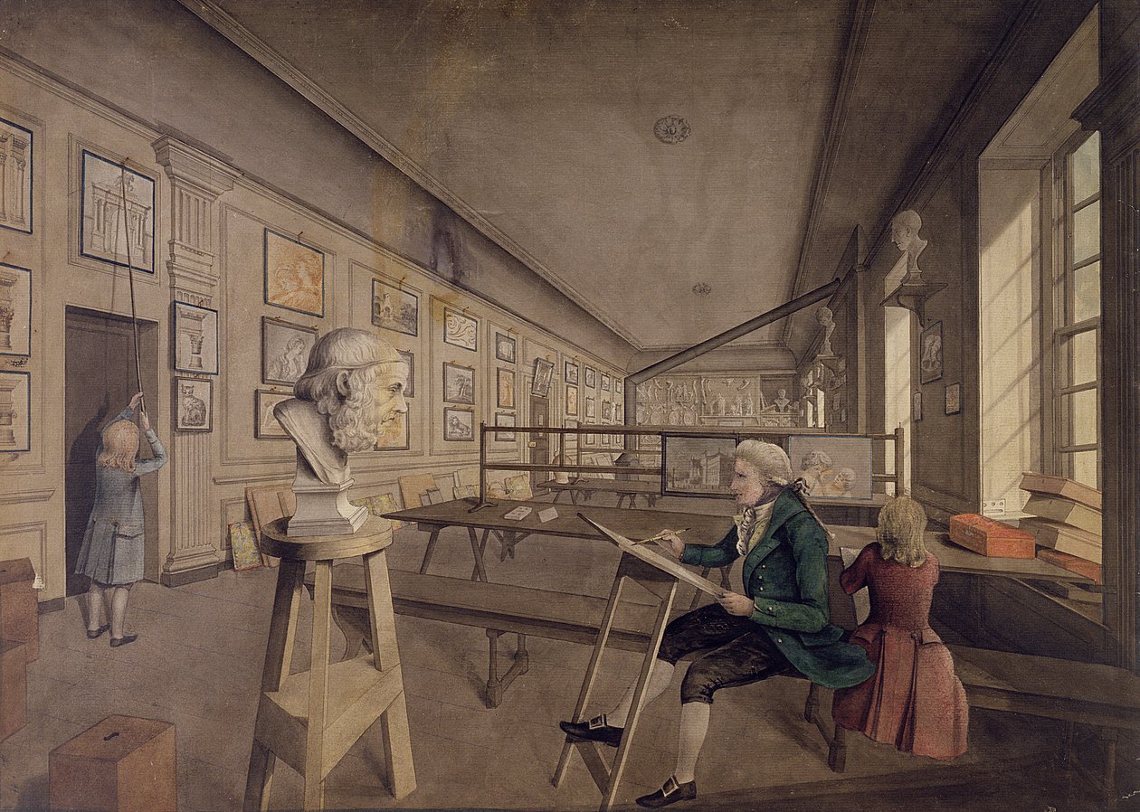 Umělec kopírující bustu v Královské akademii umění v Somerset House, cca 1780 (wc na papíře) od English School