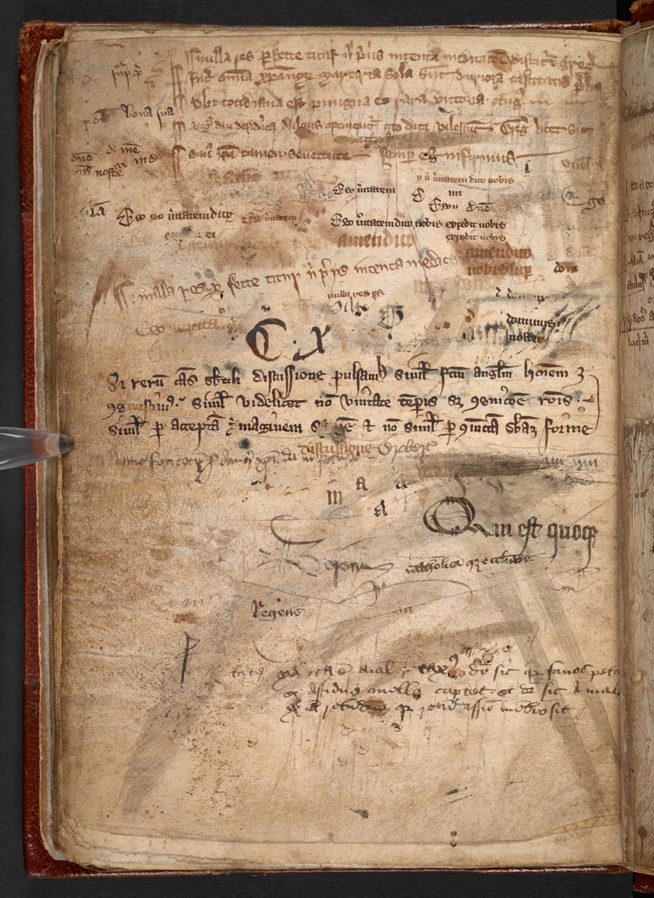 Arundel 292, f.114v, Rukopis s mnoha perovými zkouškami, které ilustrují, jakou překážkou pro masovou gramotnost bylo brk (pero a inkoust na papíře) od English School