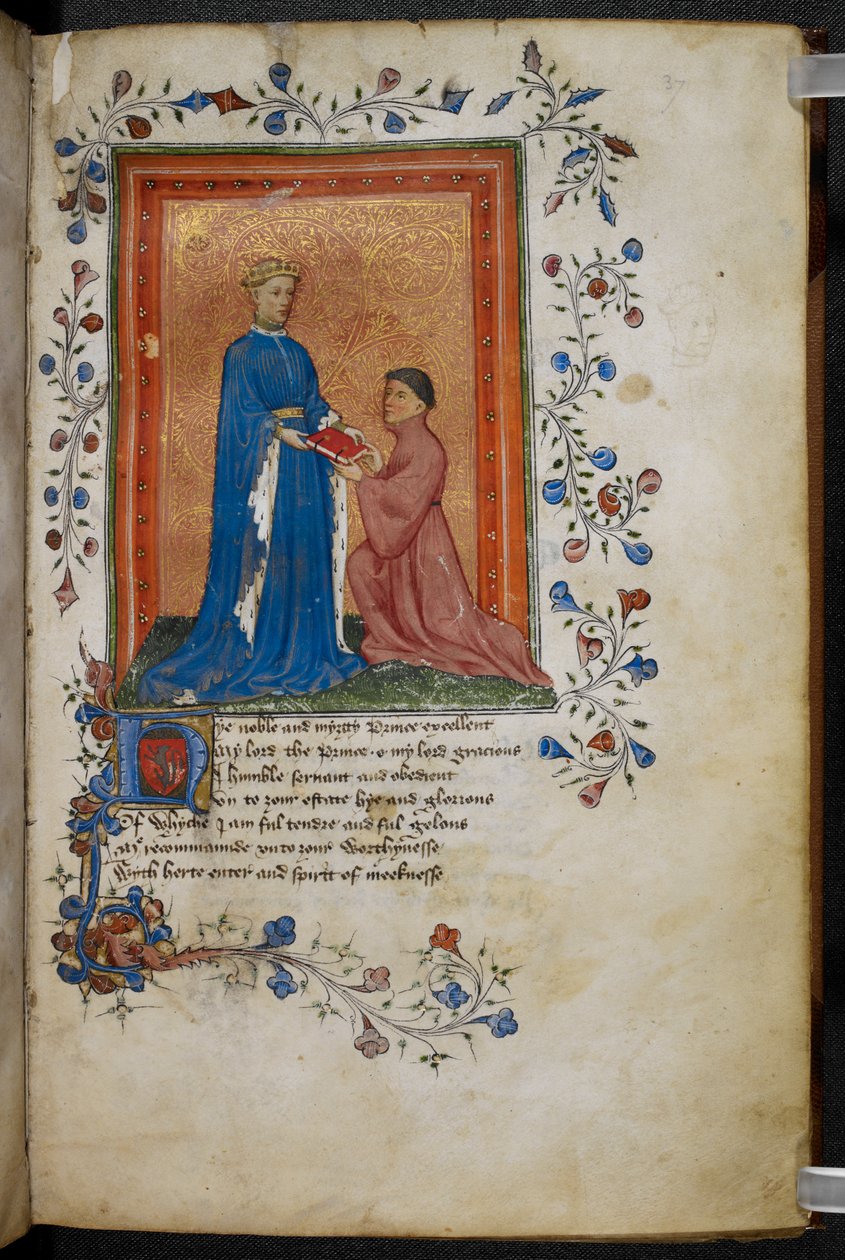 Arundel 38 f.37 Thomas Hoccleve představuje svou knihu „Regement of Princes“ princi z Walesu (později Jindřich V.) c.1411-13 (pero a inkoust a tempera na pergamenu) (viz také 10048) od English School