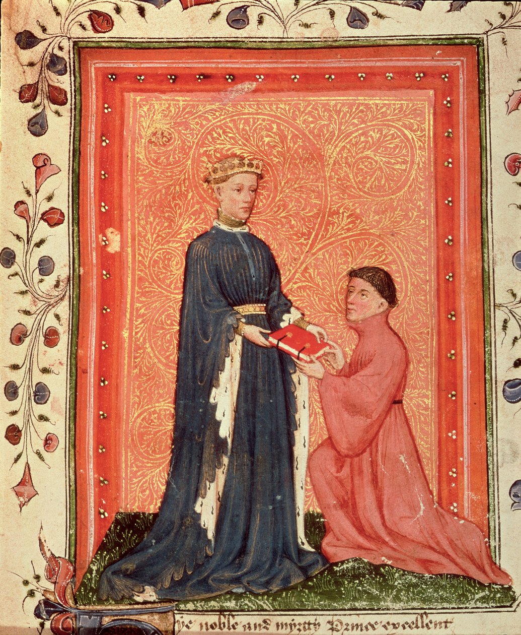 Arundel 38 f.37 Thomas Hoccleve představuje svou knihu „Regement of Princes“ princi z Walesu (později Jindřich V.) c.1411-13 (vellum) od English School