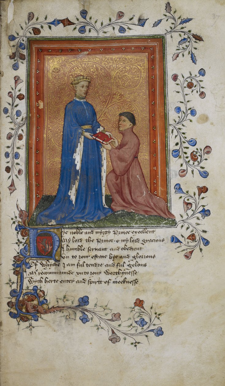 Arundel 38, f.37 Thomas Hoccleve představuje knihu princi Jindřichovi z Lancasteru, ilustrace z 