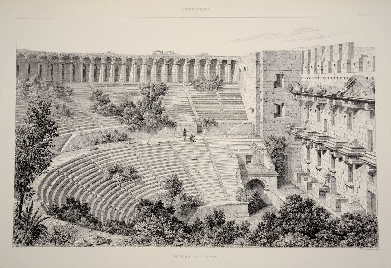 Aspendu - Interiér divadla, z knihy The Principal Ruins of Asia Minor, vyd. 1863 (litografie) od English School