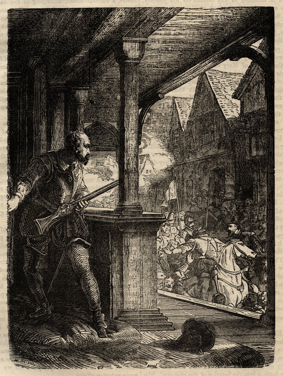 Atentát na regenta Murraye (James Stewart Moray) - James Stewart Moray (asi 1531-70), regent Skotska za krále Jakuba VI. - - rytina z „“Historie Anglie”” od Cassella Pettera & Galpina od English School