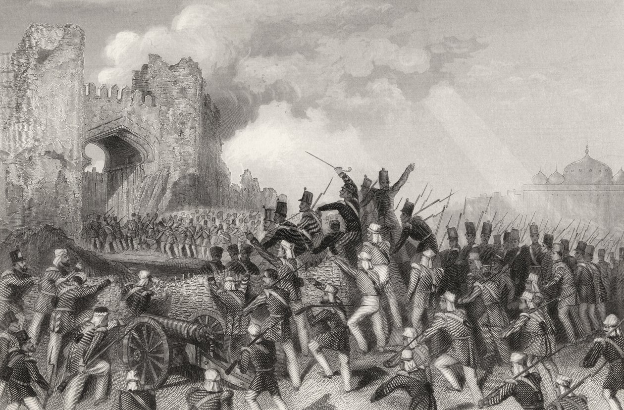 Útok na Dillí a dobytí brány Kašmíru 14. září 1857 z „Historie indické vzpoury“ vydané v roce 1858 od English School