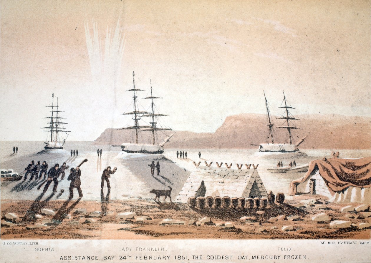 Assistance Bay, 24. února 1851, nejchladnější den. Mercury Frozen, ilustrace z Voyage to Baffins Bay a Barrow Straits..., 1852 (ručně kolorovaná rytina) od English School