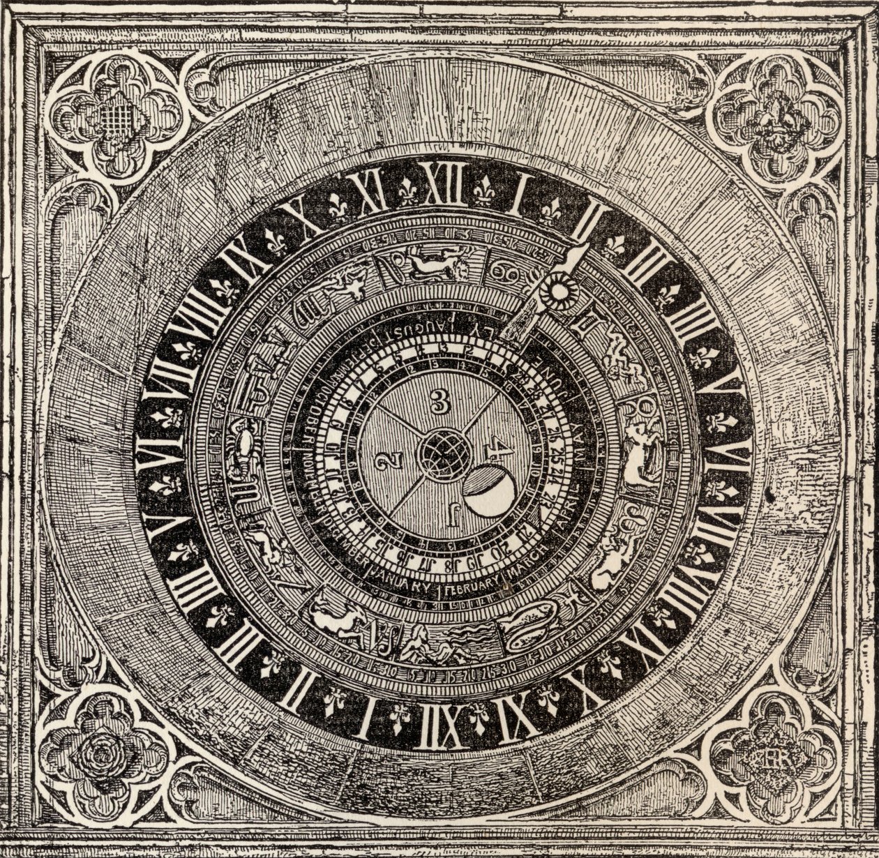 Orloj v paláci Hampton Court, z Historie paláce Hampton Court v Tudor Times od Ernesta Lawa, publikoval Londýn 1885 od English School
