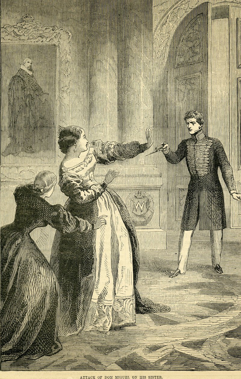 Útok Dona Miguela na jeho sestru, převzato z Cassells Illustrated History of England, 18571858 od English School