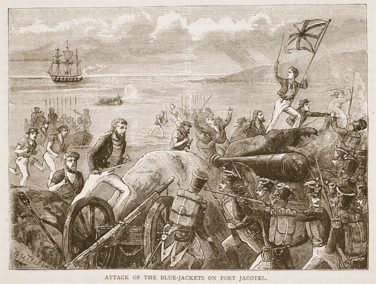 Attack of the Blue-jackets on Port Jacotel, ilustrace z Cassells Illustrated History of India od Jamese Granta, pub. 1879 od English School