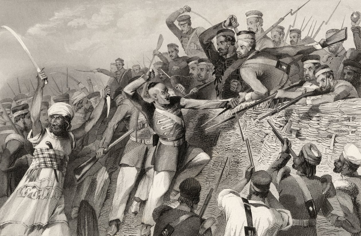 Útok vzbouřenců na baterii Redan v Luknově, 30. července 1857, z knihy "The History of the Indian Mutiny", vydané v roce 1858. od English School