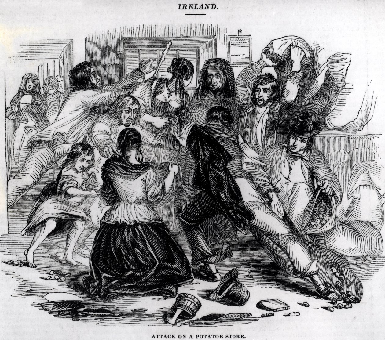 Útok na obchod s bramborami v Irsku, kolem roku 1845 od English School